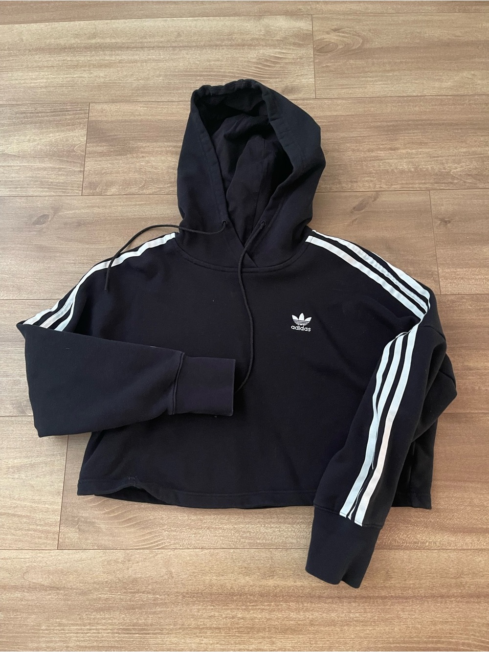 Women’s adidas Black Hoodie Crop Top Classic 3 Stripe Logo Size XS